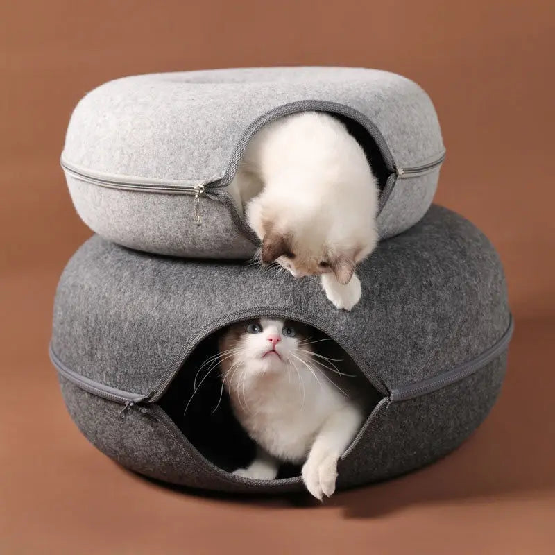 Donut Cat Bed & Interactive Tunnel - Pet Felt House for Cats & Kittens