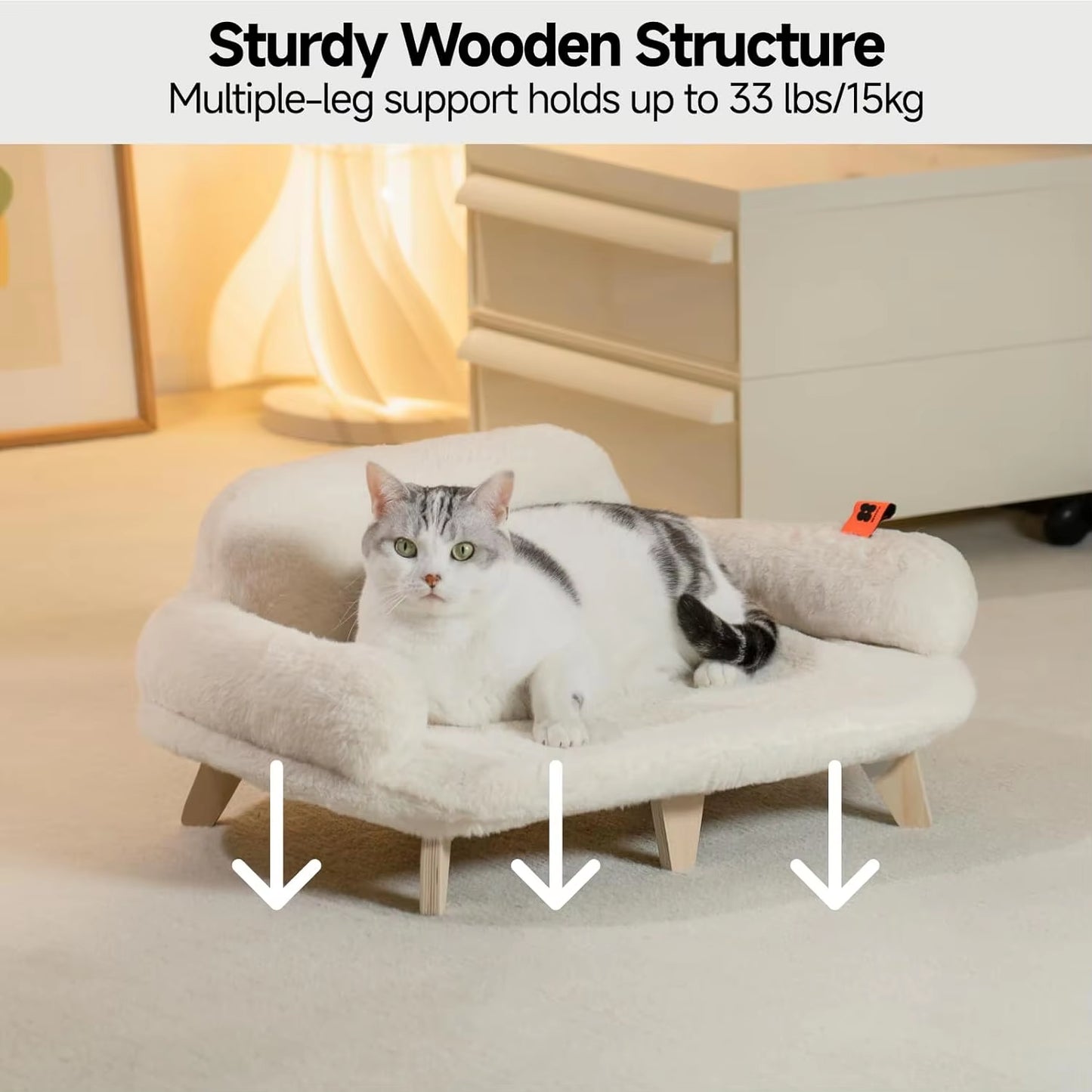 Elevated Cat Bed with Removable Washable Cover - Wooden Pet Sofa for Cats & Small Dogs