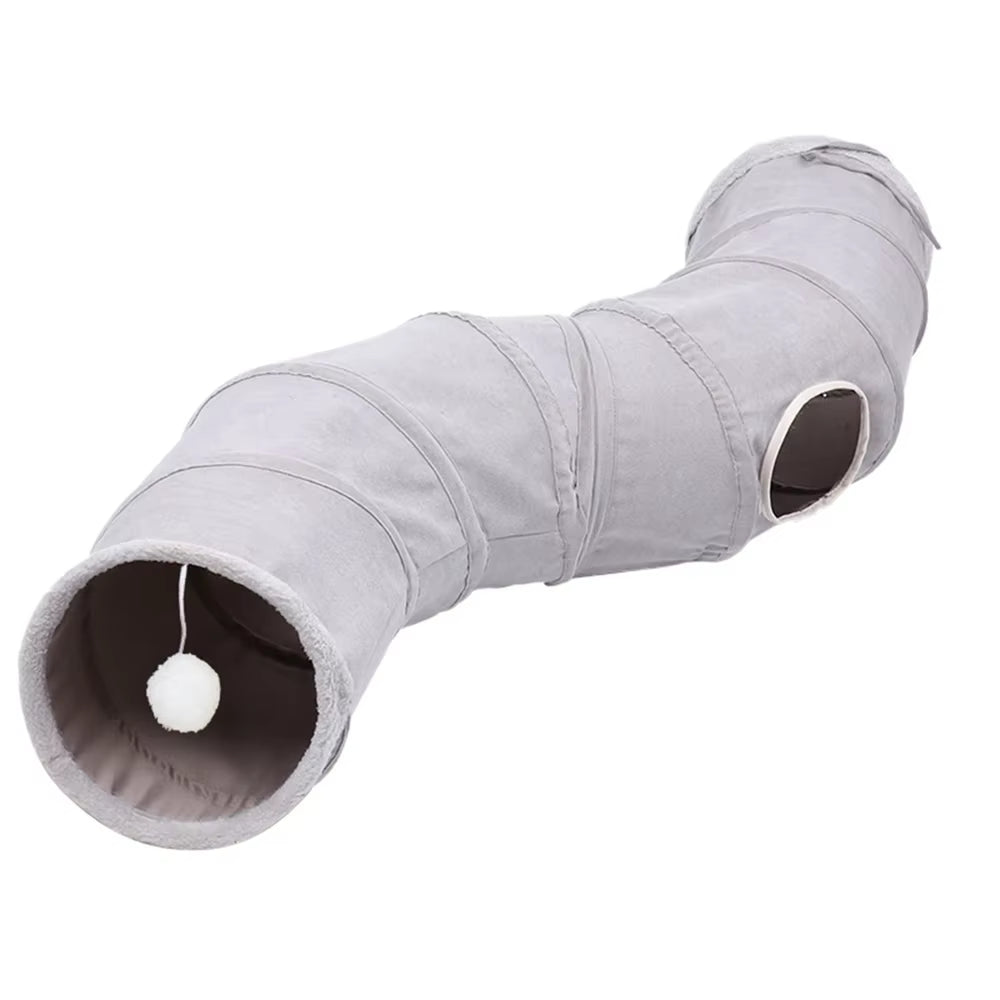 Cat 3-Way Collapsible S-Shaped Tunnel with Ball - Grey Suede Crinkle Play Tube