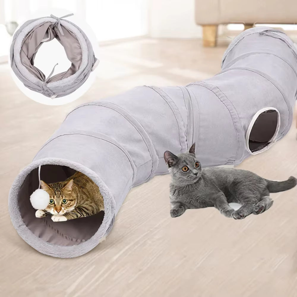 Cat 3-Way Collapsible S-Shaped Tunnel with Ball - Grey Suede Crinkle Play Tube