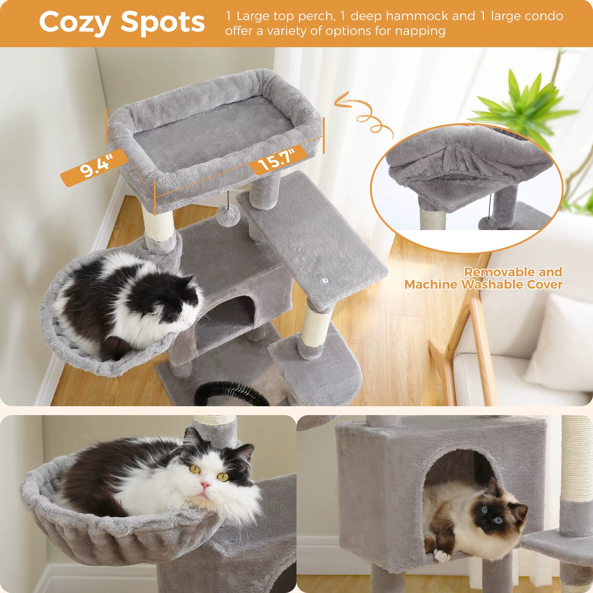 Cat Tree Tower with Self Groomer & Sisal Scratching Post - Multi-Level Condo for Kittens