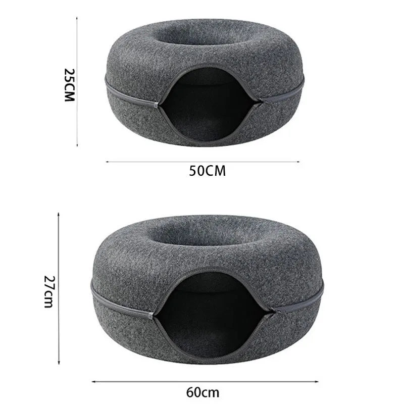 Donut Cat Bed & Interactive Tunnel - Pet Felt House for Cats & Kittens