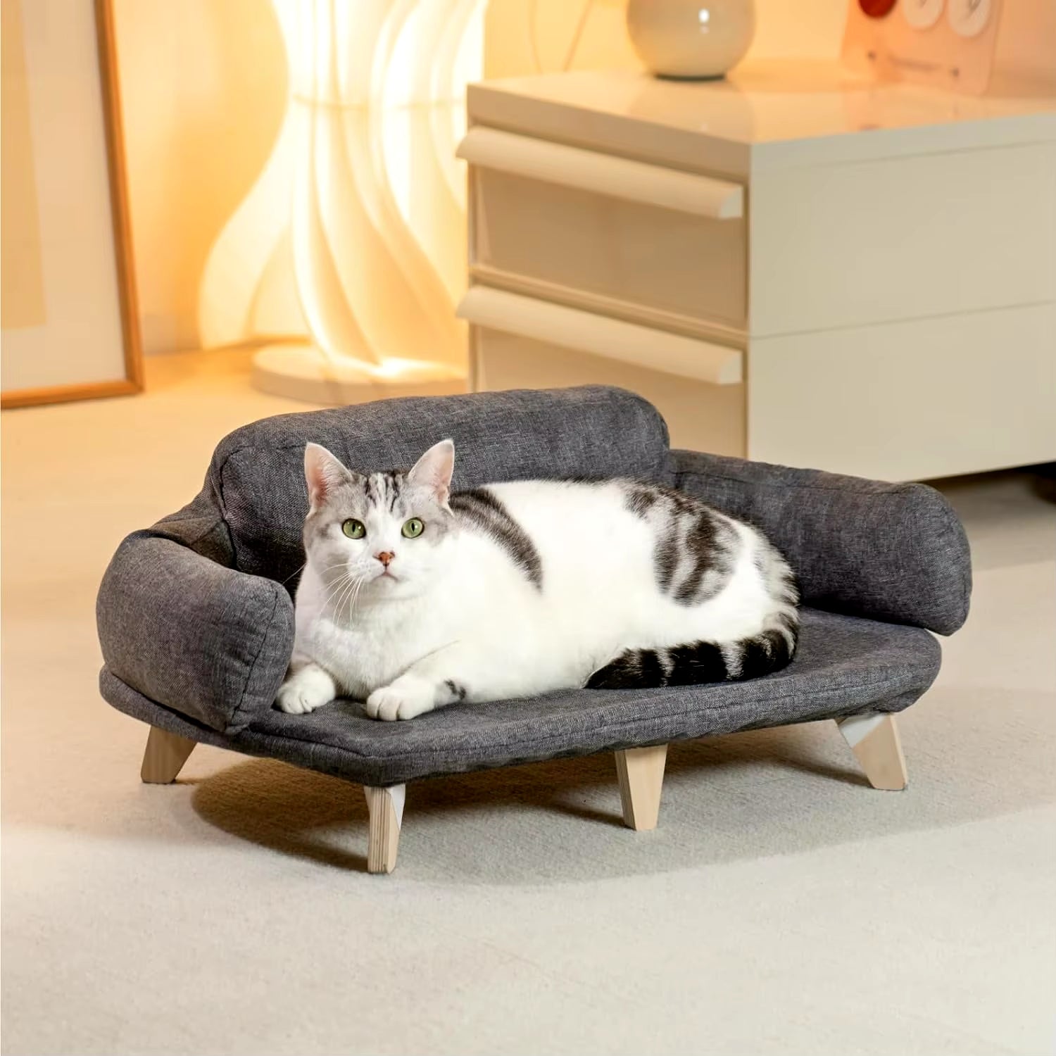 Elevated Cat Bed with Removable Washable Cover - Wooden Pet Sofa for Cats & Small Dogs