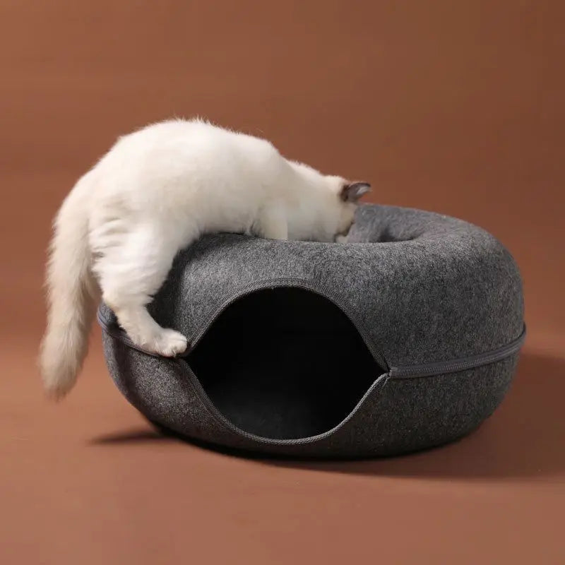 Donut Cat Bed & Interactive Tunnel - Pet Felt House for Cats & Kittens