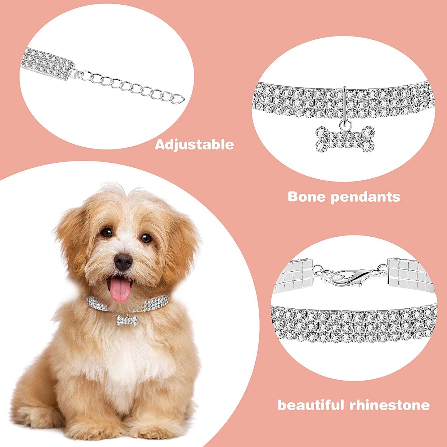 Bling Rhinestone Pet Collars - Adjustable Crystal Cat & Dog Collars (White)