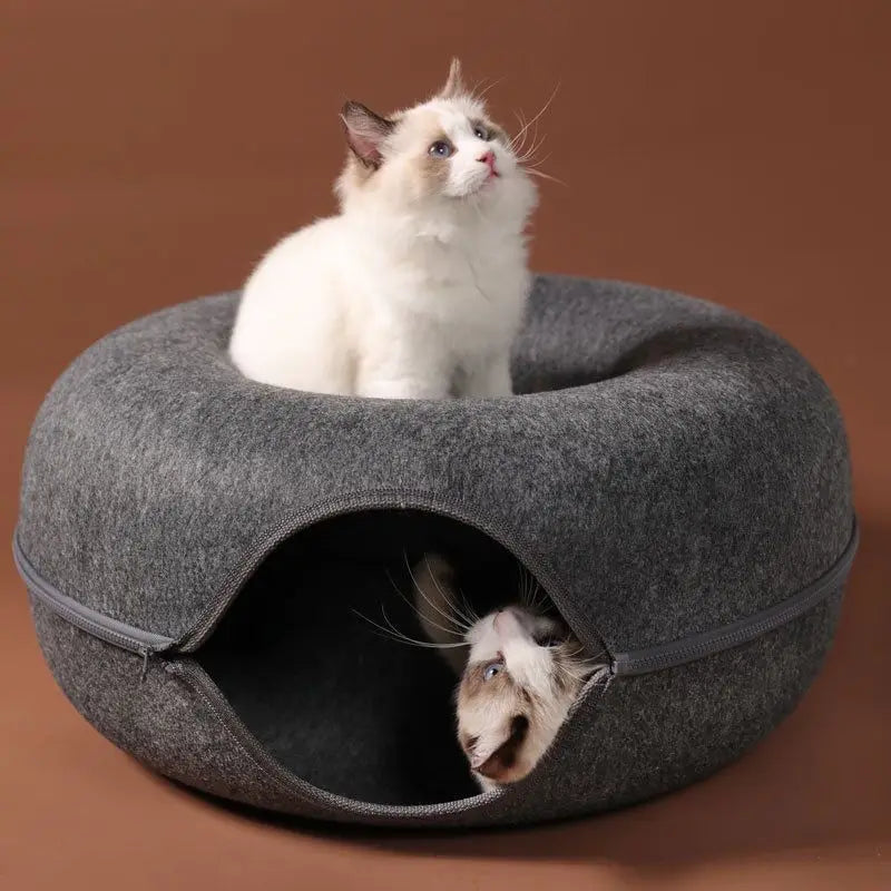 Donut Cat Bed & Interactive Tunnel - Pet Felt House for Cats & Kittens