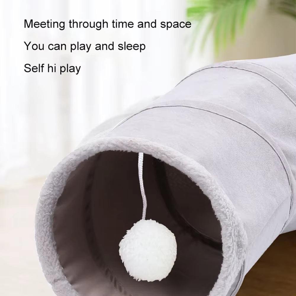 Cat 3-Way Collapsible S-Shaped Tunnel with Ball - Grey Suede Crinkle Play Tube